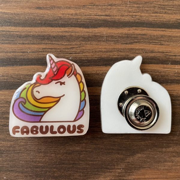 Fabulous rainbow unicorn Pride badge with a magnetic clasp
